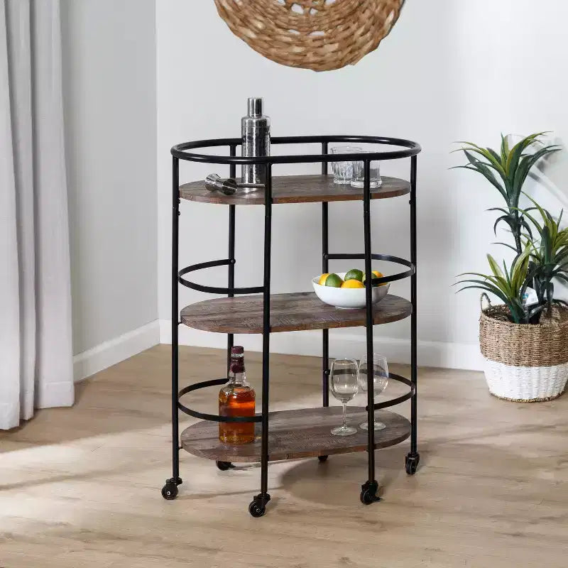 Honey-Can-Do Chariot de bar ovale à 3 niveaux Noyer : Desserte d'intérieur avec cadre en acier, étagères fixes, hauteur 88,4 cm