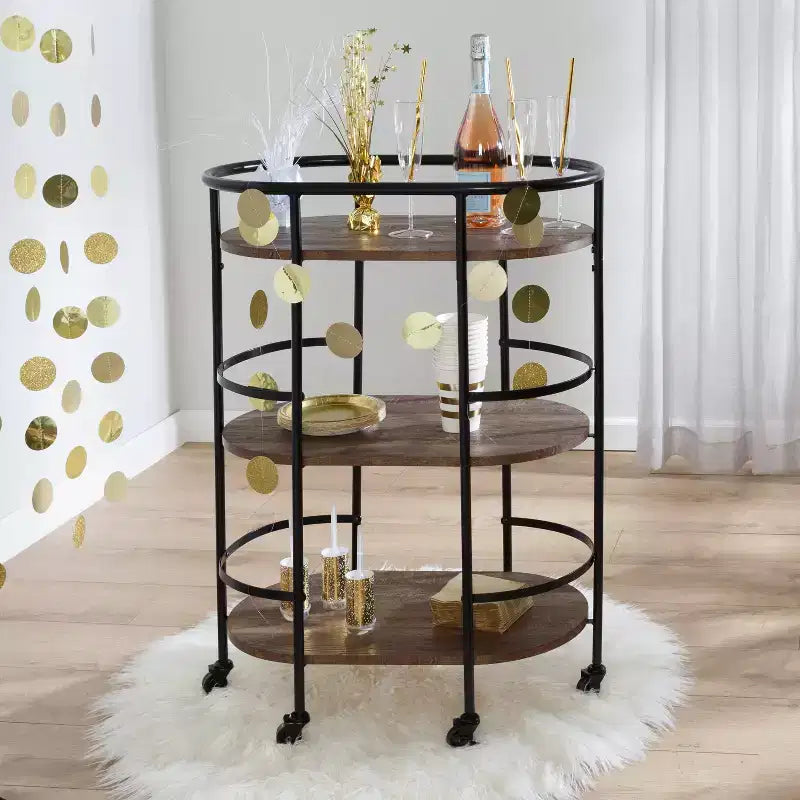 Honey-Can-Do Chariot de bar ovale à 3 niveaux Noyer : Desserte d'intérieur avec cadre en acier, étagères fixes, hauteur 88,4 cm