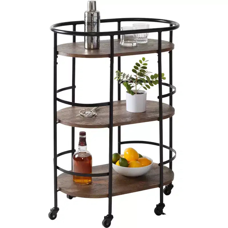Honey-Can-Do Chariot de bar ovale à 3 niveaux Noyer : Desserte d'intérieur avec cadre en acier, étagères fixes, hauteur 88,4 cm