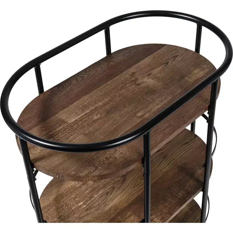 Honey-Can-Do Chariot de bar ovale à 3 niveaux Noyer : Desserte d'intérieur avec cadre en acier, étagères fixes, hauteur 88,4 cm
