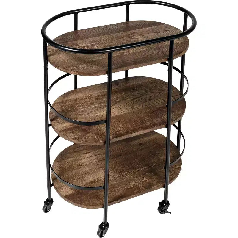 Honey-Can-Do Chariot de bar ovale à 3 niveaux Noyer : Desserte d'intérieur avec cadre en acier, étagères fixes, hauteur 88,4 cm