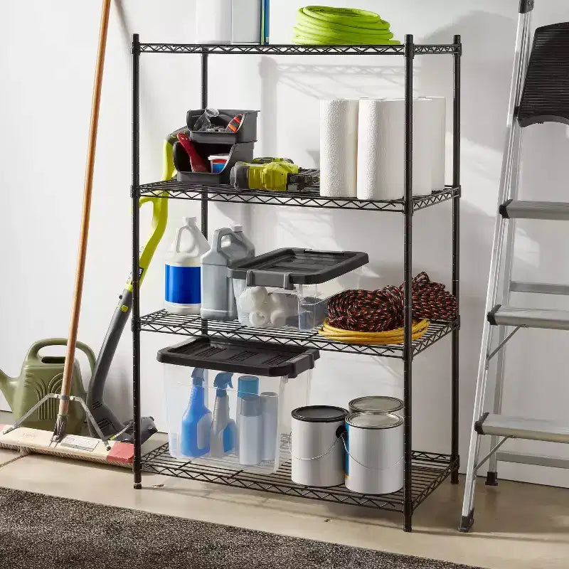 Étagère large à 4 niveaux en fil de fer noir - Brightroom™ : Étagères de rangement en acier, étagère métallique réglable, capacité de 159 kg