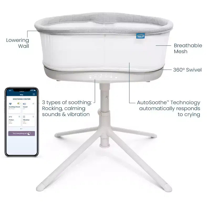 HALO BassiNest Connected Swivel Sleeper 3.0 Lit Cododo Intelligent - Gris : Hauteur Réglable, Pivotement à 360 Degrés, Vibrations, Sons et Chansons
