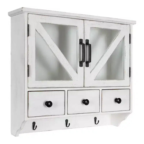 Meuble mural décoratif en bois rustique Hutchins blanc 21" x 6" x 20" - Kate & Laurel All Things Decor : Portes en verre magnétique, Rangement