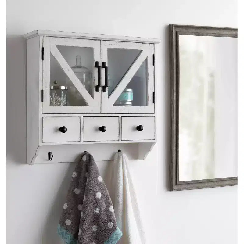 Meuble mural décoratif en bois rustique Hutchins blanc 21" x 6" x 20" - Kate & Laurel All Things Decor : Portes en verre magnétique, Rangement