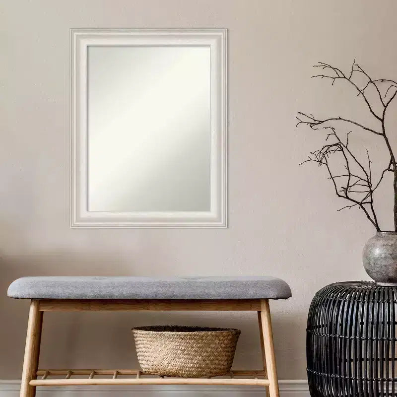 Miroir mural de salle de bain Trio blanc lavé argenté 23 po x 29 po sans biseau - Amanti Art : Rectangle moderne, quincaillerie de fixation incluse