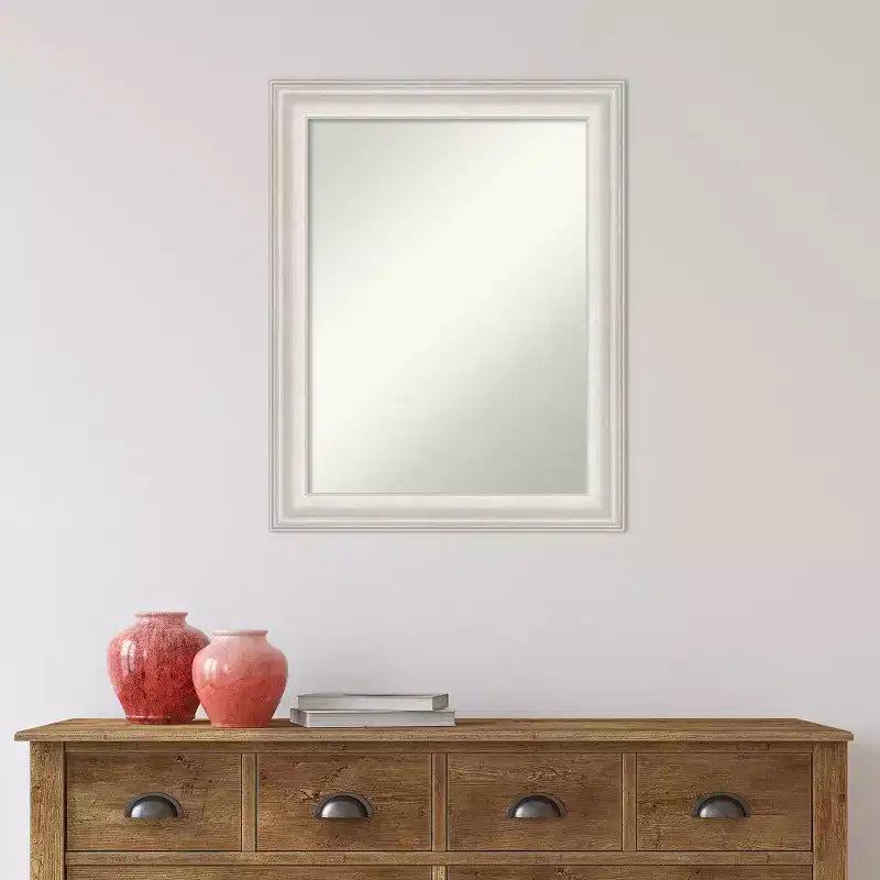 Miroir mural de salle de bain Trio blanc lavé argenté 23 po x 29 po sans biseau - Amanti Art : Rectangle moderne, quincaillerie de fixation incluse