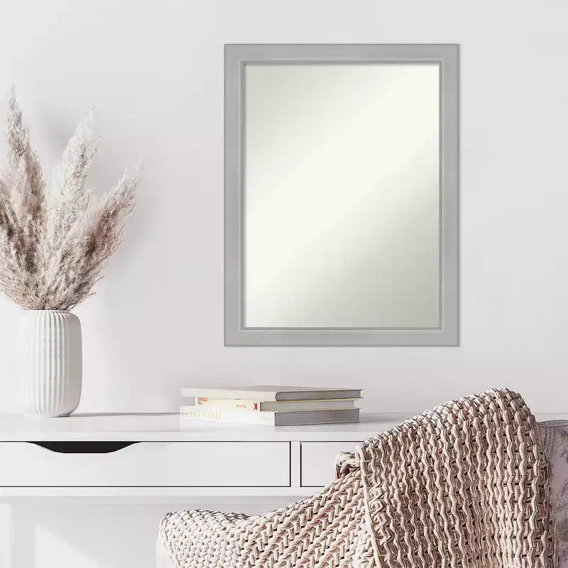 Miroir mural étroit Vista sans biseau de 21 po x 27 po en nickel brossé - Amanti Art : Rectangulaire moderne, Quincaillerie de montage incluse
