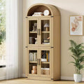 71.4in Tall Wooden Arched Bookshelf with Doors Farmhouse Rounded Bookcases for Living Room, Kitchen, Office (Natural)