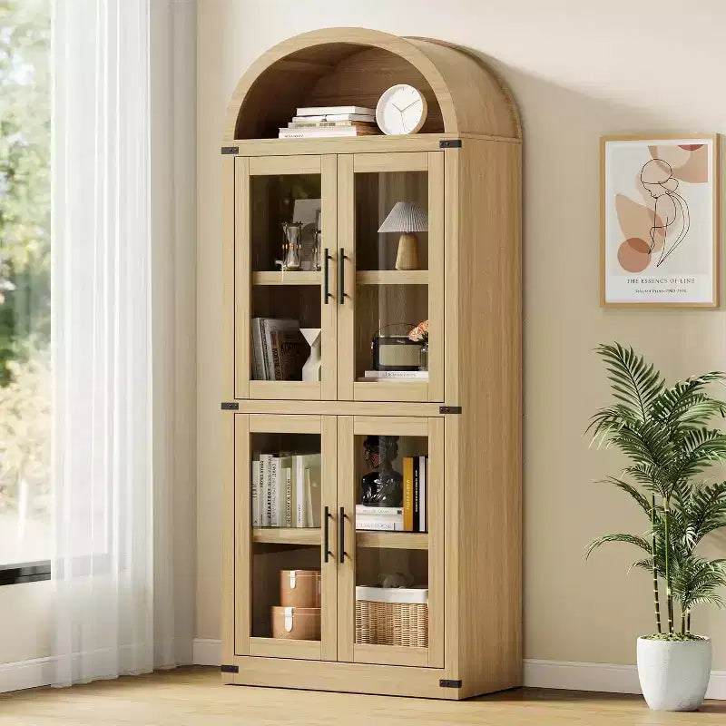 71.4in Tall Wooden Arched Bookshelf with Doors Farmhouse Rounded Bookcases for Living Room, Kitchen, Office (Natural)