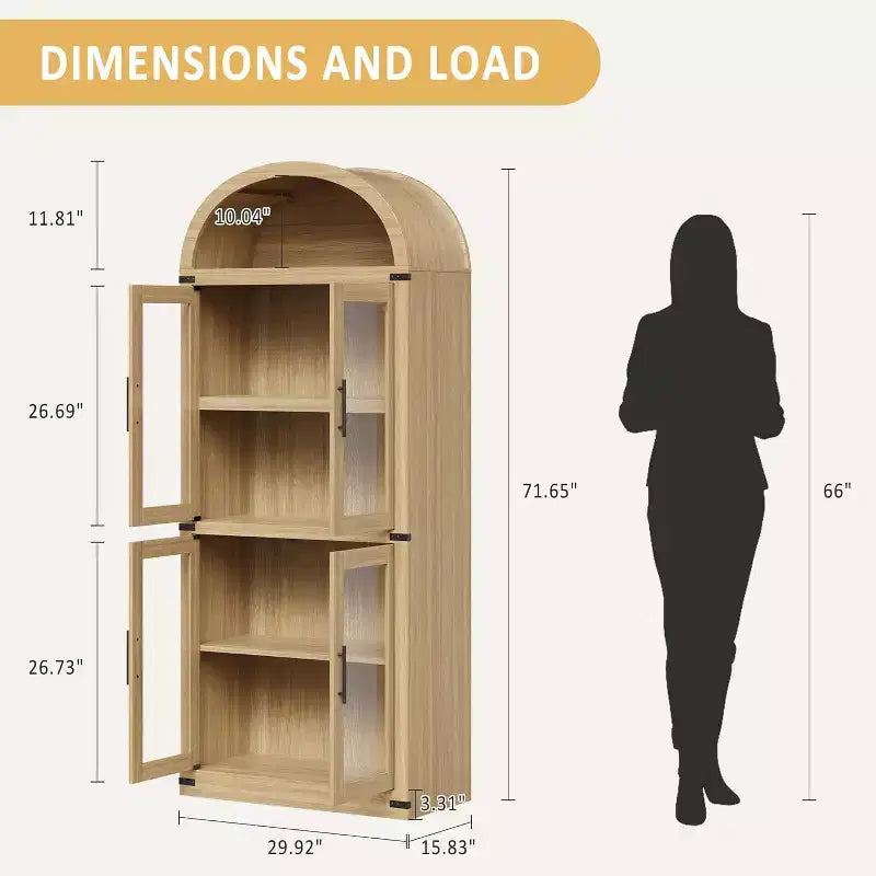 Bibliothèque arquée en bois de 181 cm de haut avec portes, étagères arrondies style ferme pour salon, cuisine, bureau, couleur naturelle