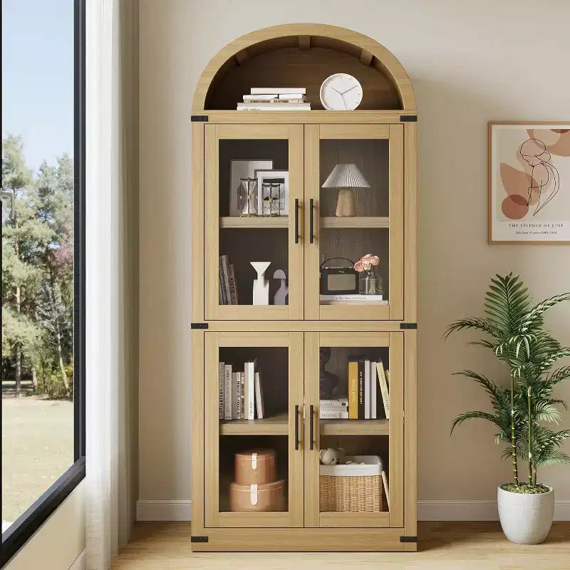 Bibliothèque arquée en bois de 181 cm de haut avec portes, étagères arrondies style ferme pour salon, cuisine, bureau, couleur naturelle