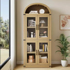 Bibliothèque arquée en bois de 181 cm de haut avec portes, étagères arrondies style ferme pour salon, cuisine, bureau, couleur naturelle