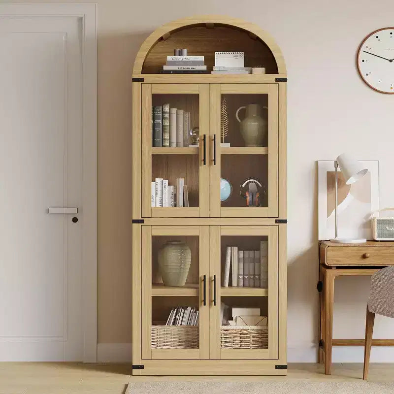 Bibliothèque arquée en bois de 181 cm de haut avec portes, étagères arrondies style ferme pour salon, cuisine, bureau, couleur naturelle