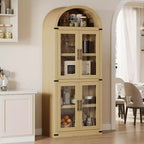 Bibliothèque arquée en bois de 181 cm de haut avec portes, étagères arrondies style ferme pour salon, cuisine, bureau, couleur naturelle