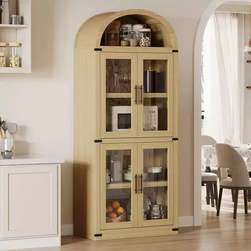 Bibliothèque arquée en bois de 181 cm de haut avec portes, étagères arrondies style ferme pour salon, cuisine, bureau, couleur naturelle