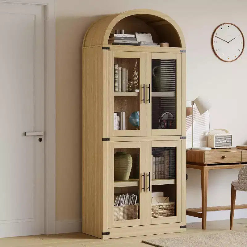 Bibliothèque arquée en bois de 181 cm de haut avec portes, étagères arrondies style ferme pour salon, cuisine, bureau, couleur naturelle