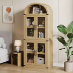 Bibliothèque arquée en bois de 181 cm de haut avec portes, étagères arrondies style ferme pour salon, cuisine, bureau, couleur naturelle