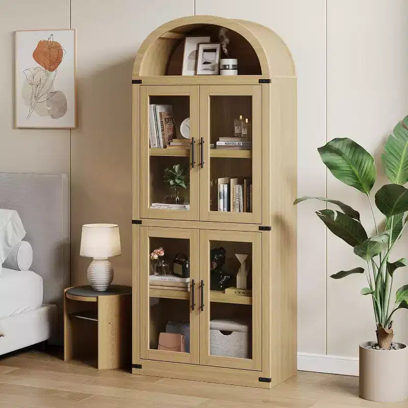 Bibliothèque arquée en bois de 181 cm de haut avec portes, étagères arrondies style ferme pour salon, cuisine, bureau, couleur naturelle