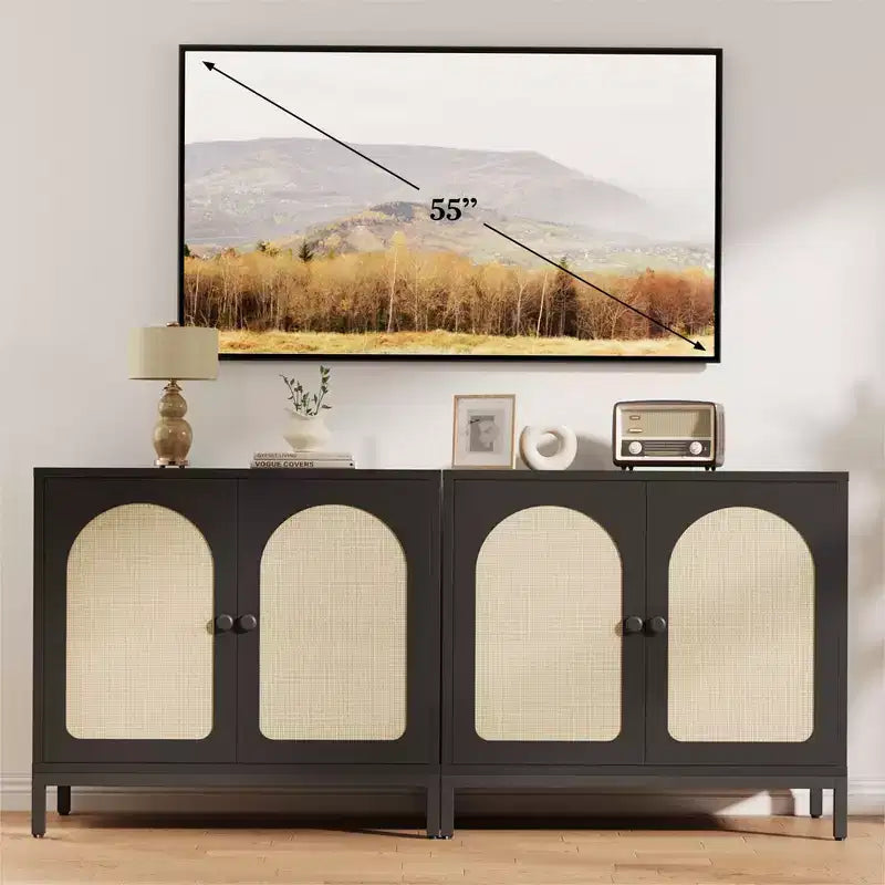 Meuble Buffet de Rangement, Meuble de Rangement en Rotin avec Portes, Étagère Réglable pour Salon, Couloir