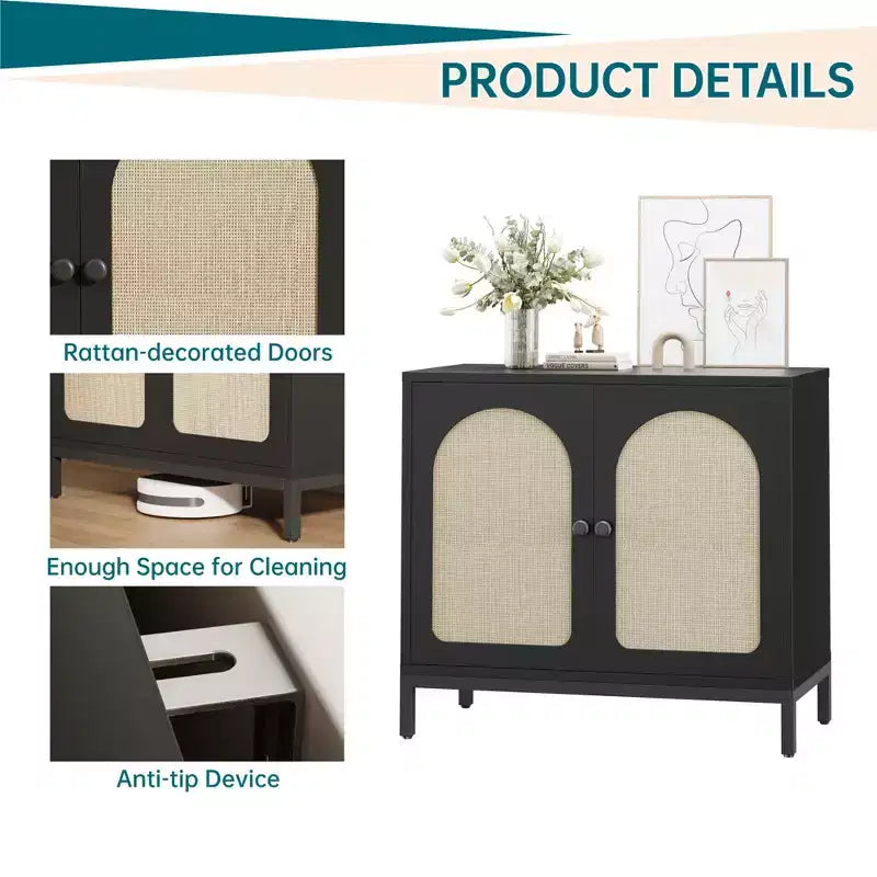 Meuble Buffet de Rangement, Meuble de Rangement en Rotin avec Portes, Étagère Réglable pour Salon, Couloir