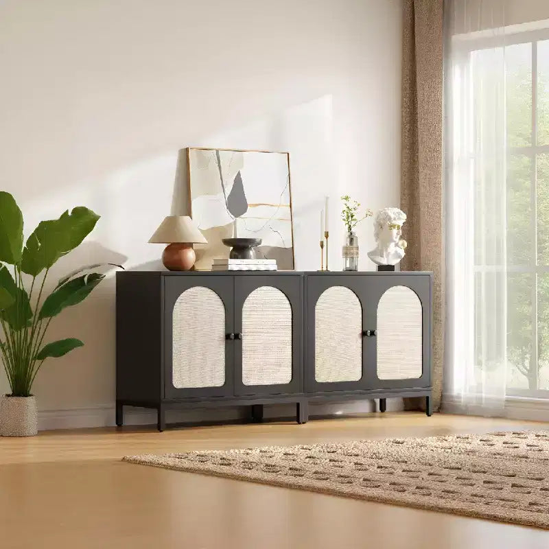 Meuble Buffet de Rangement, Meuble de Rangement en Rotin avec Portes, Étagère Réglable pour Salon, Couloir