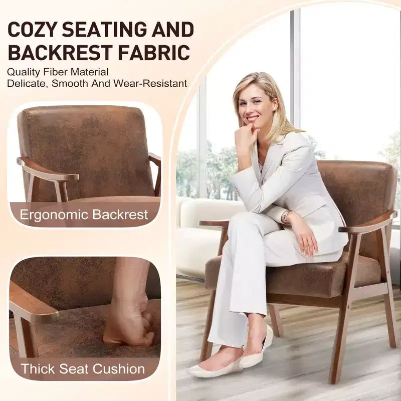 Mid Century Wingback Accent Chair, Solid Wood Frame, Thick Backrest Lounge Chair for Living Room