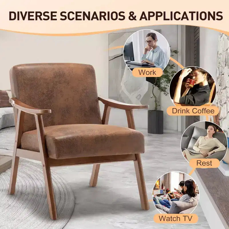 Mid Century Wingback Accent Chair, Solid Wood Frame, Thick Backrest Lounge Chair for Living Room