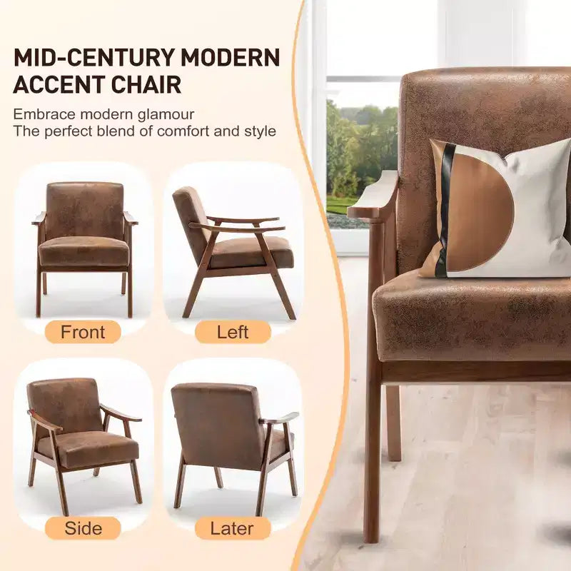 Mid Century Wingback Accent Chair, Solid Wood Frame, Thick Backrest Lounge Chair for Living Room