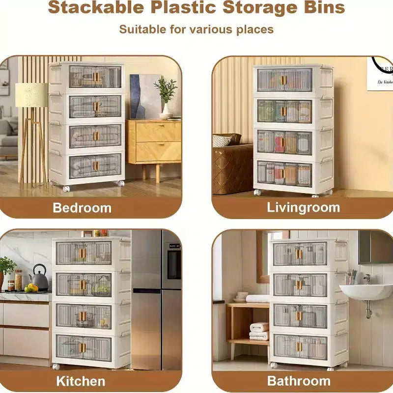 Bacs de rangement empilables avec couvercles, boîte de rangement pliante à 4 niveaux, organisateurs de placard pliables avec roulettes pour vêtements, jouets, snacks, articles divers