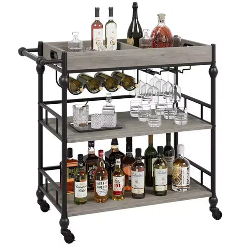 CuisinSmart Bar Cart, 3-Tier Rolling Serving Cart with Wine Rack & Glass Holders, Drink Trolley On Wheels for Kitchen, Dining Room, Party