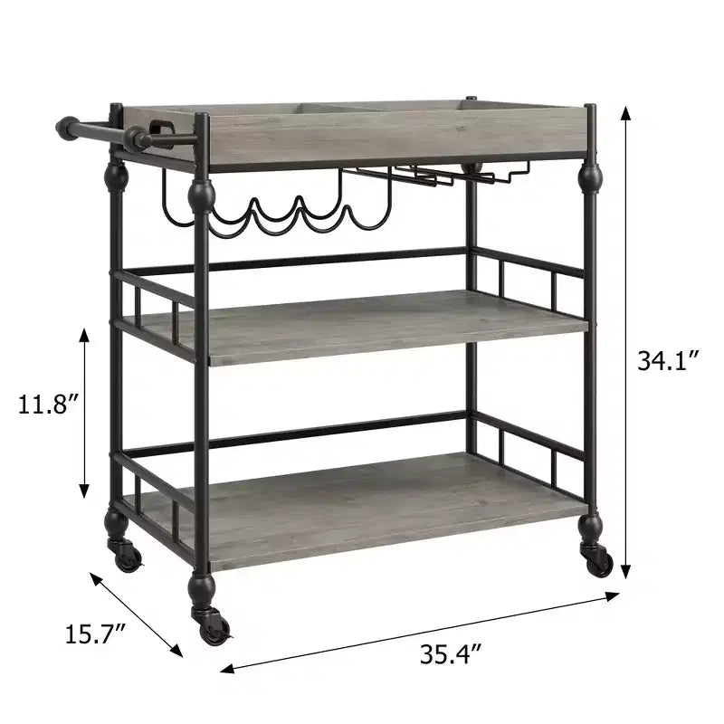 3-Tier Rolling Bar Cart with Wine Rack & Glass Holders, Drink Trolley On Wheels for Kitchen, Dining Room, Party