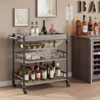 3-Tier Rolling Bar Cart with Wine Rack & Glass Holders, Drink Trolley On Wheels for Kitchen, Dining Room, Party
