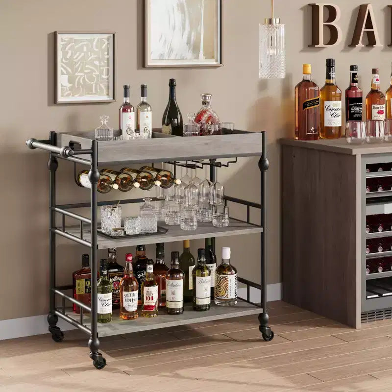 3-Tier Rolling Bar Cart with Wine Rack & Glass Holders, Drink Trolley On Wheels for Kitchen, Dining Room, Party