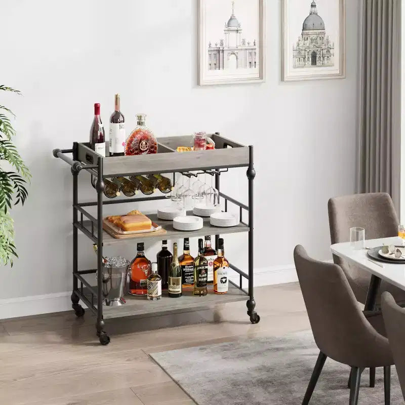 3-Tier Rolling Bar Cart with Wine Rack & Glass Holders, Drink Trolley On Wheels for Kitchen, Dining Room, Party