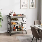 3-Tier Rolling Bar Cart with Wine Rack & Glass Holders, Drink Trolley On Wheels for Kitchen, Dining Room, Party