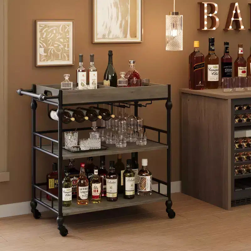 3-Tier Rolling Bar Cart with Wine Rack & Glass Holders, Drink Trolley On Wheels for Kitchen, Dining Room, Party