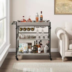 3-Tier Rolling Bar Cart with Wine Rack & Glass Holders, Drink Trolley On Wheels for Kitchen, Dining Room, Party