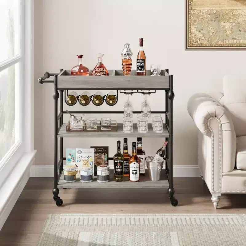 3-Tier Rolling Bar Cart with Wine Rack & Glass Holders, Drink Trolley On Wheels for Kitchen, Dining Room, Party