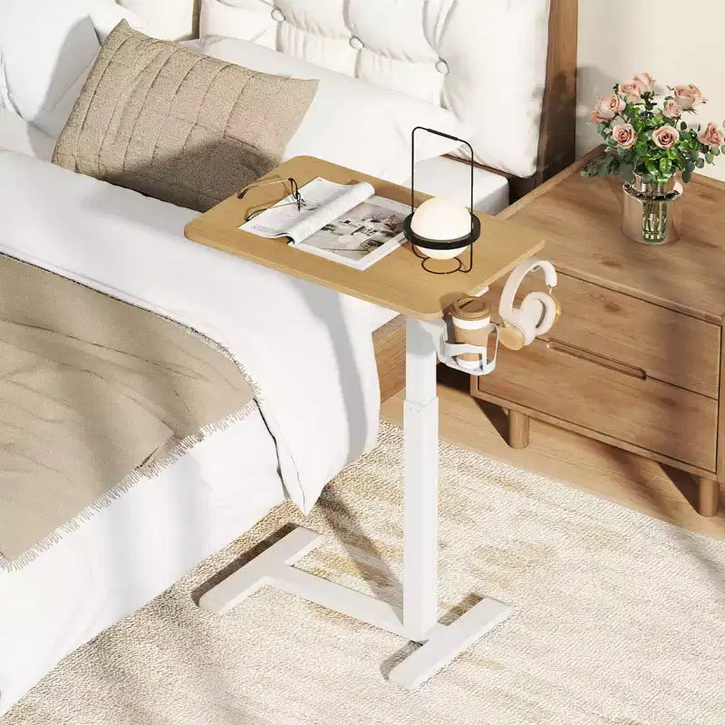 Table d'appoint en C, table de chevet réglable en hauteur avec crochet et porte-gobelet, noir/naturel/blanc