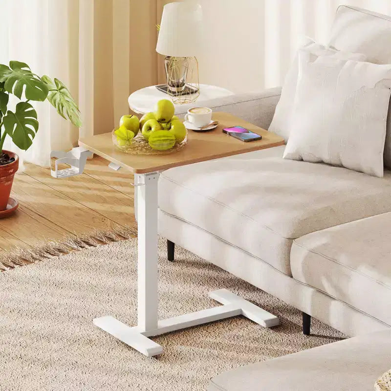 Table d'appoint en C, table de chevet réglable en hauteur avec crochet et porte-gobelet, noir/naturel/blanc