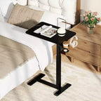 Table d'appoint en C, table de chevet réglable en hauteur avec crochet et porte-gobelet, noir/naturel/blanc