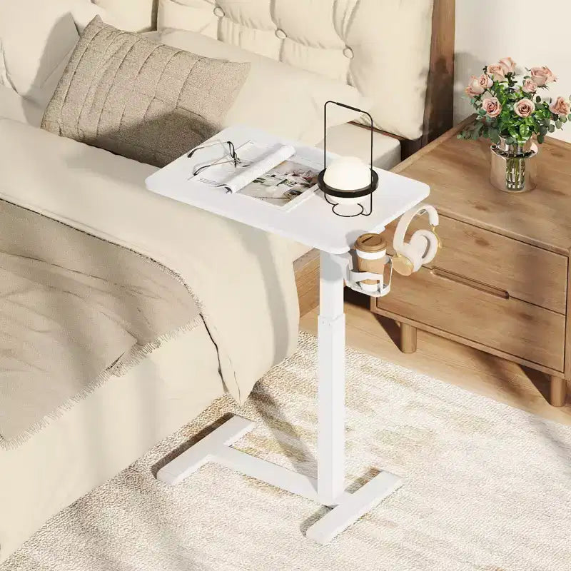 Table d'appoint en C, table de chevet réglable en hauteur avec crochet et porte-gobelet, noir/naturel/blanc