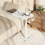Table d'appoint en C, table de chevet réglable en hauteur avec crochet et porte-gobelet, noir/naturel/blanc