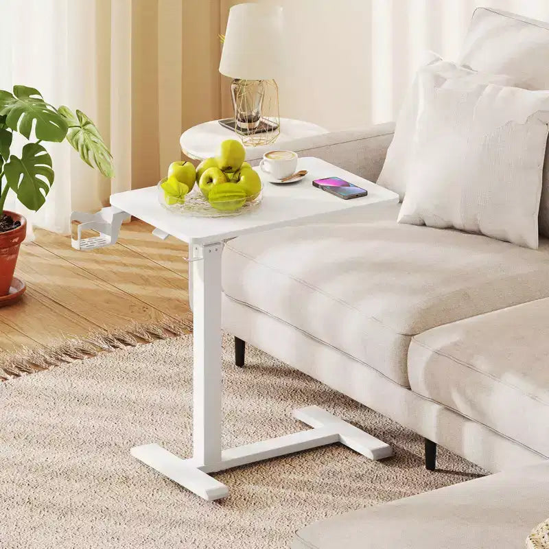 Table d'appoint en C, table de chevet réglable en hauteur avec crochet et porte-gobelet, noir/naturel/blanc