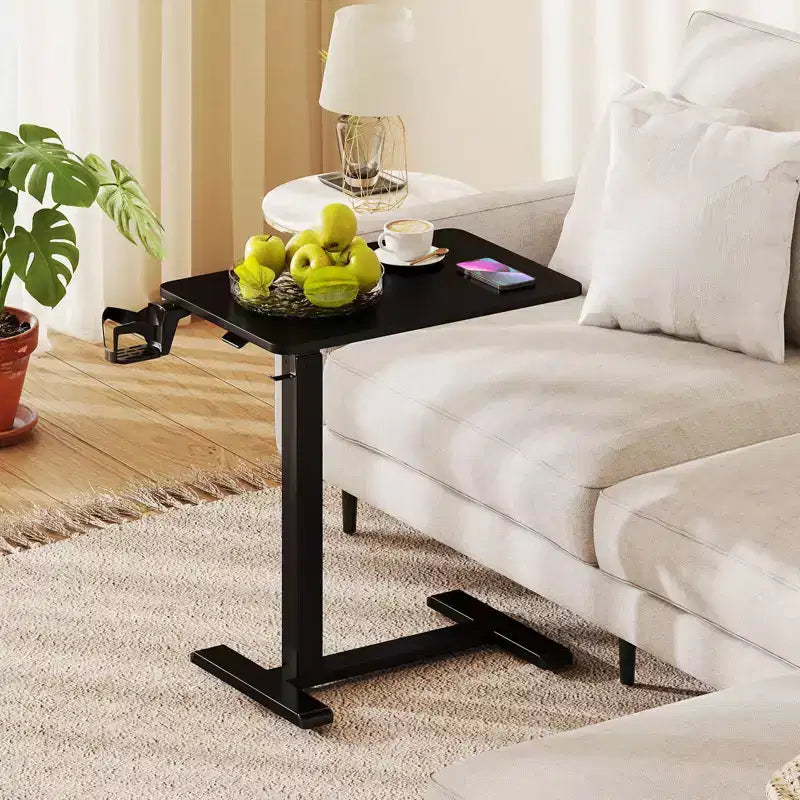 Table d'appoint en C, table de chevet réglable en hauteur avec crochet et porte-gobelet, noir/naturel/blanc
