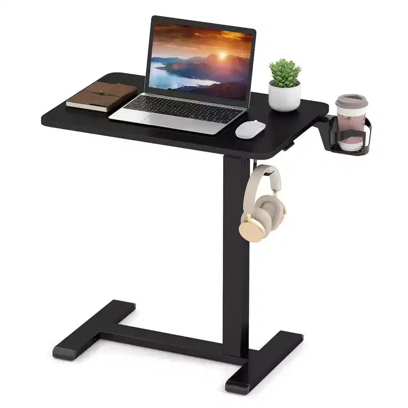 Costway C Shaped Side Table Height Adjustable Overbed Bedside Table with Hook & Cup Holder Black/Natural/White
