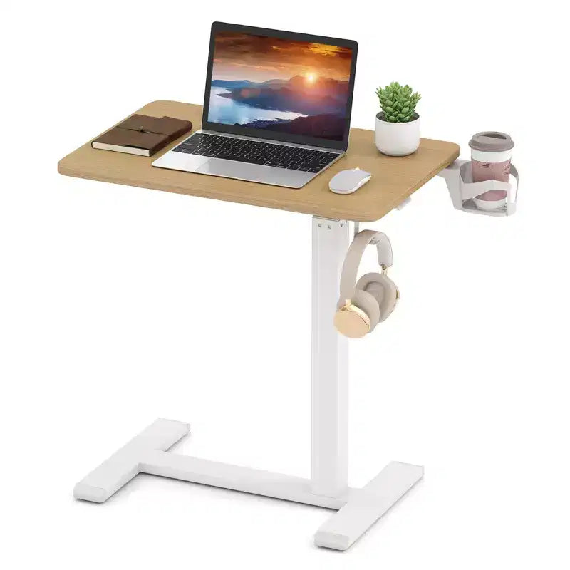 C-Shaped Side Table, Height Adjustable Overbed Bedside Table with Hook & Cup Holder, Black/Natural/White