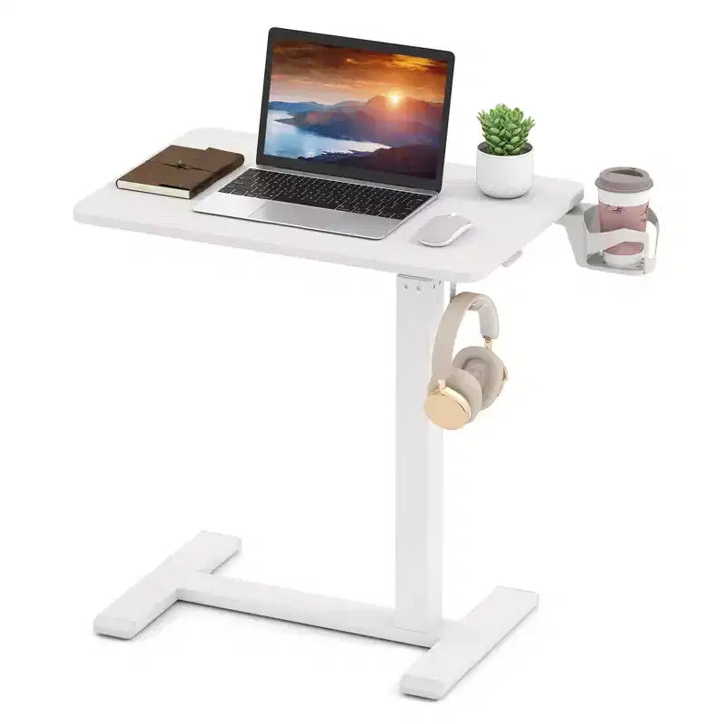 C-Shaped Side Table, Height Adjustable Overbed Bedside Table with Hook & Cup Holder, Black/Natural/White