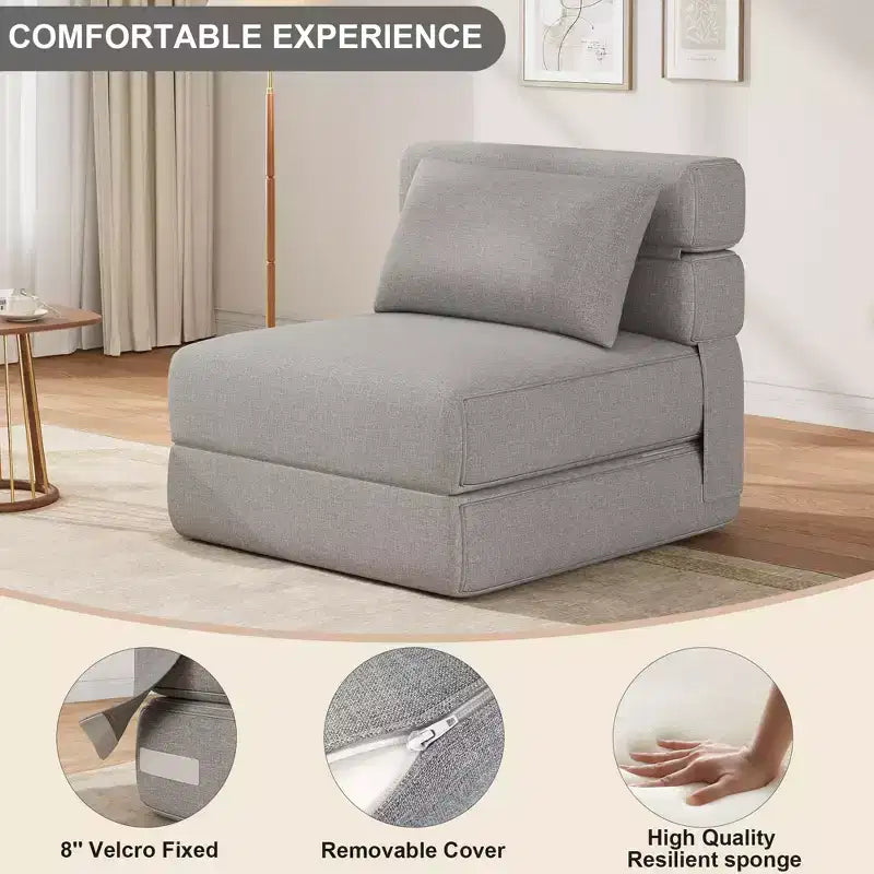 Canapé-lit pliant avec oreiller, fauteuil convertible, canapé en tissu de lin avec mousse à mémoire de forme pour salon, dortoir, chambre d'amis, bureau, individuel
